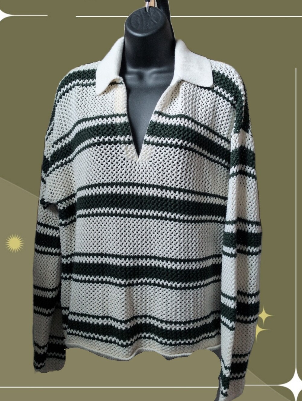 ✨Madewell Open-Stitch Johnny Collar Sweater in Summit Green Stripe size L